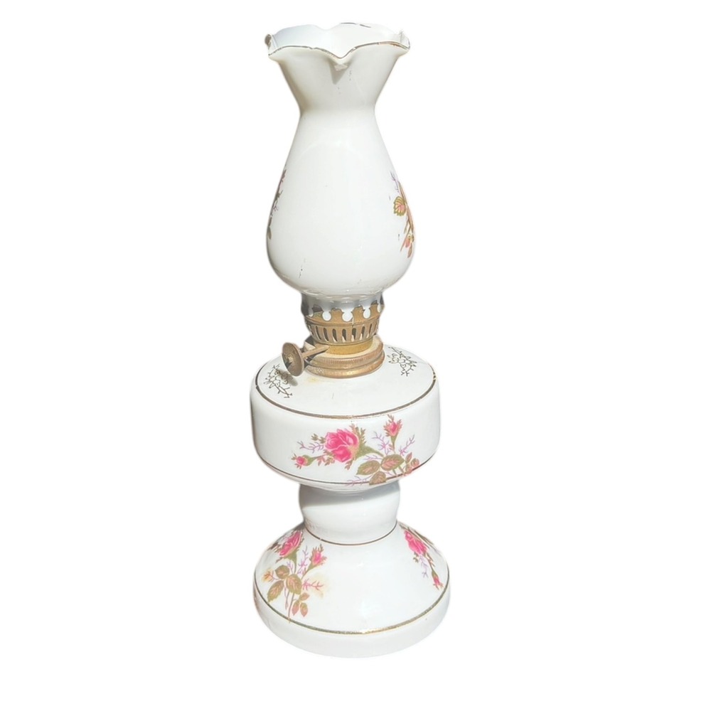 Vintage Japan Porcelain Floral Oil Lamp Pink Roses Gold Trim Hurricane Style 10" - Picture 3 of 15